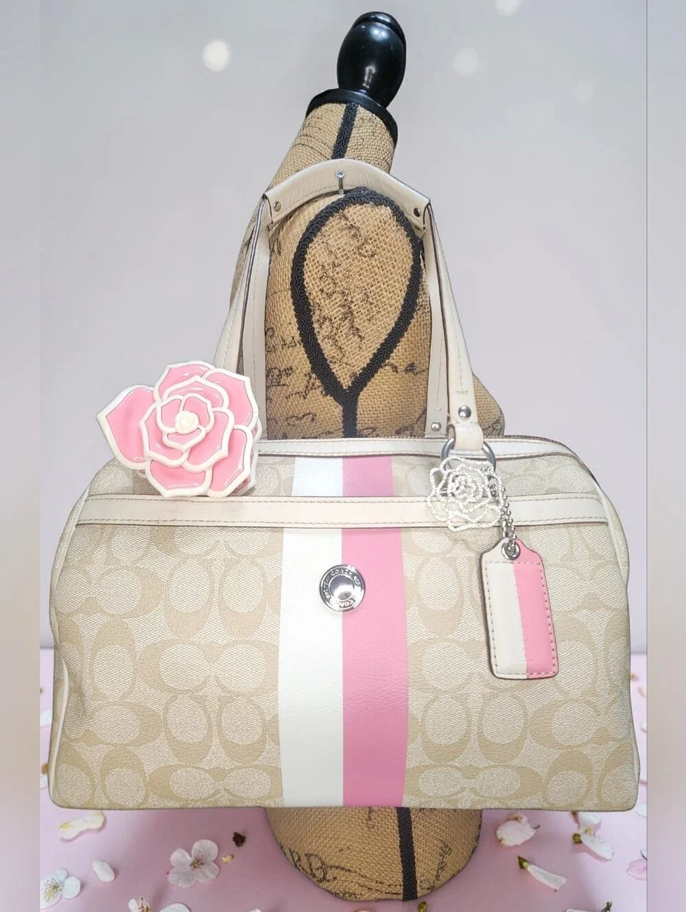 Coach Beige Signature Satchel with Pink and White Stripes